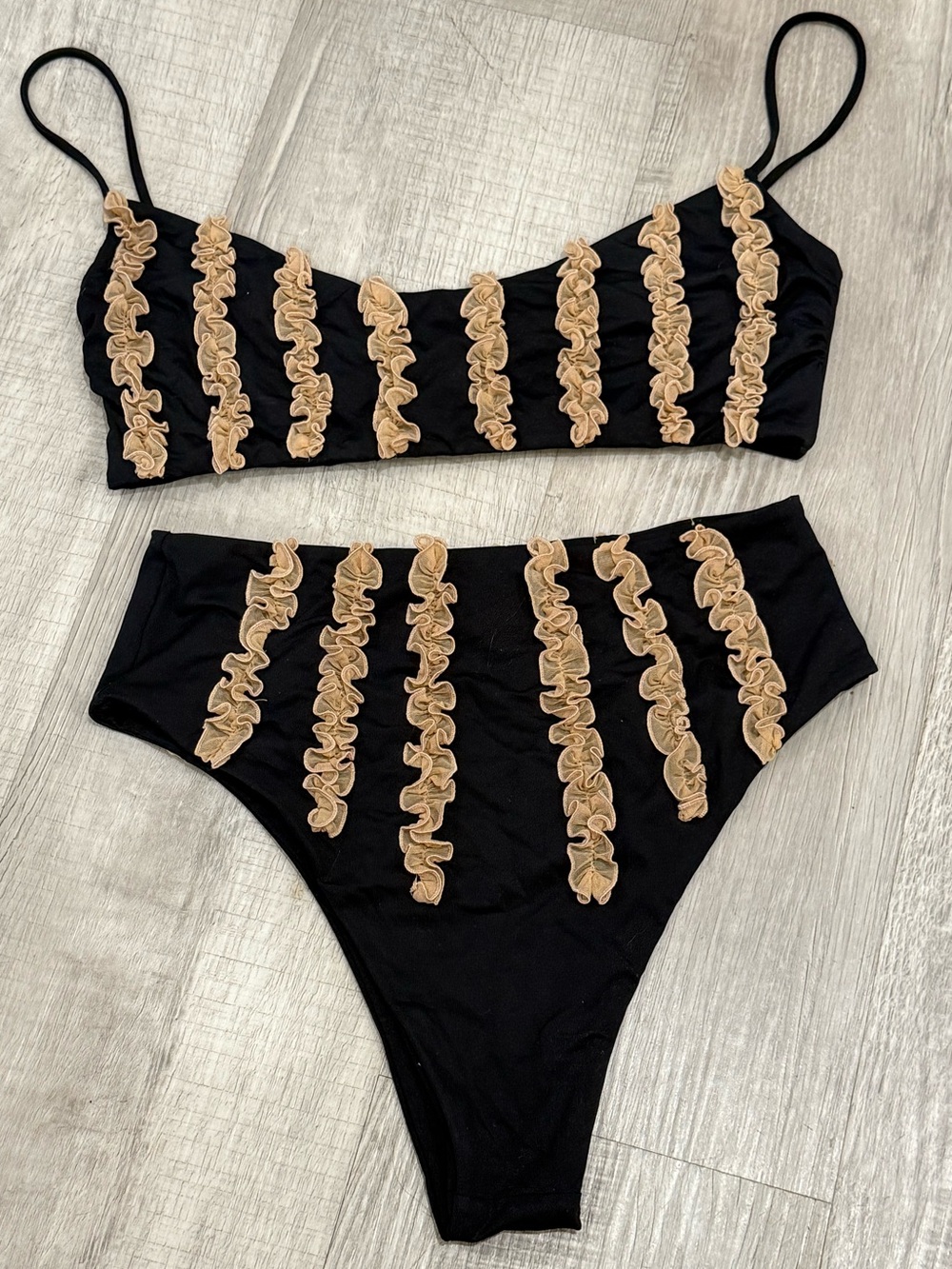 SHADI Black Bikini Set with Beige Ruffle Stripes